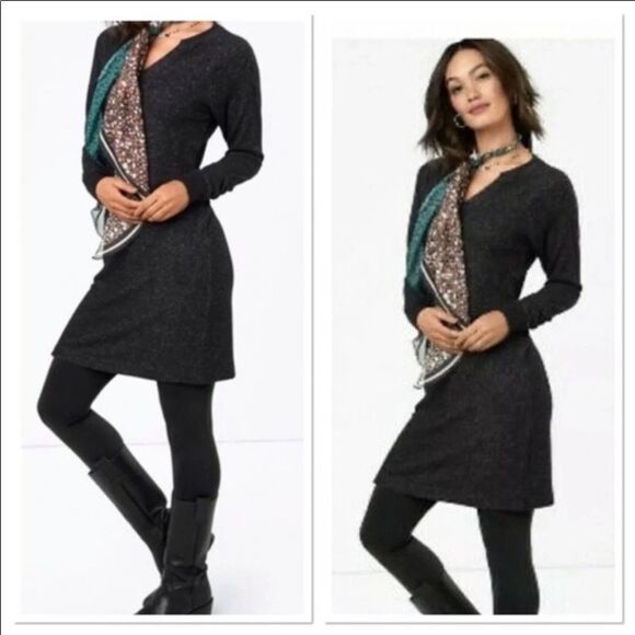 Cabi Gray Dress Charcoal Melange Knit Sweaterdress PJ V Neck Stretch S #3829 - Picture 1 of 4